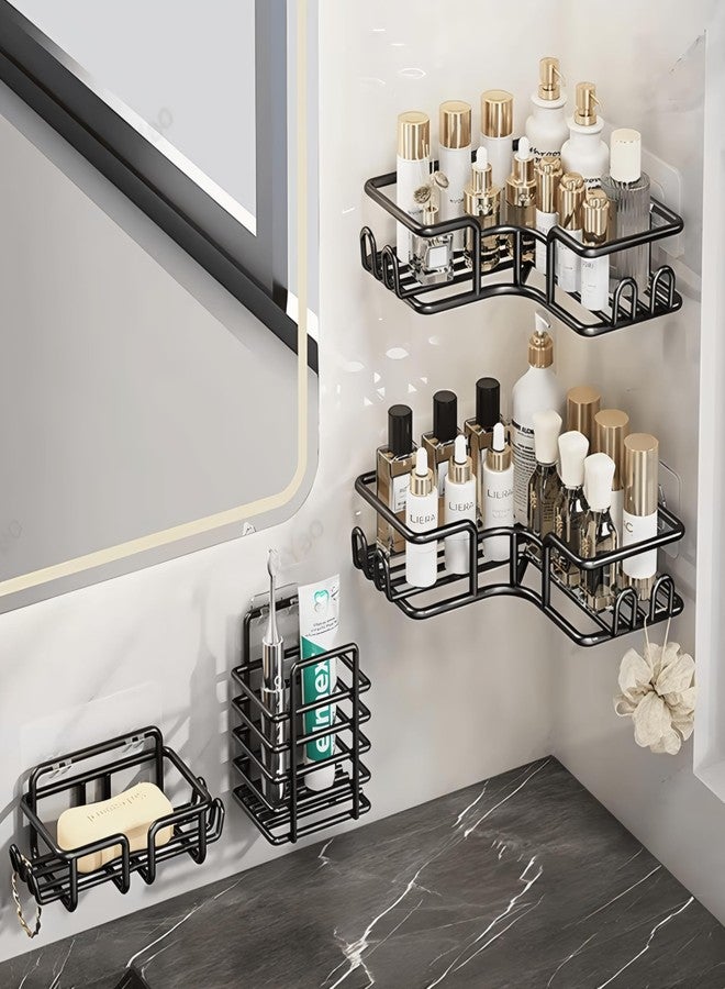 CLAPONE 4 in 1 Self Adhesive Organizer Combo/Racks and Shelves for Wall/Stand for Bathroom Without Drill/Soap Holder with Tooth Brush Holder/Bathroom Accessories/Bathroom Rack/Stainless Steel (Black) - Image 1